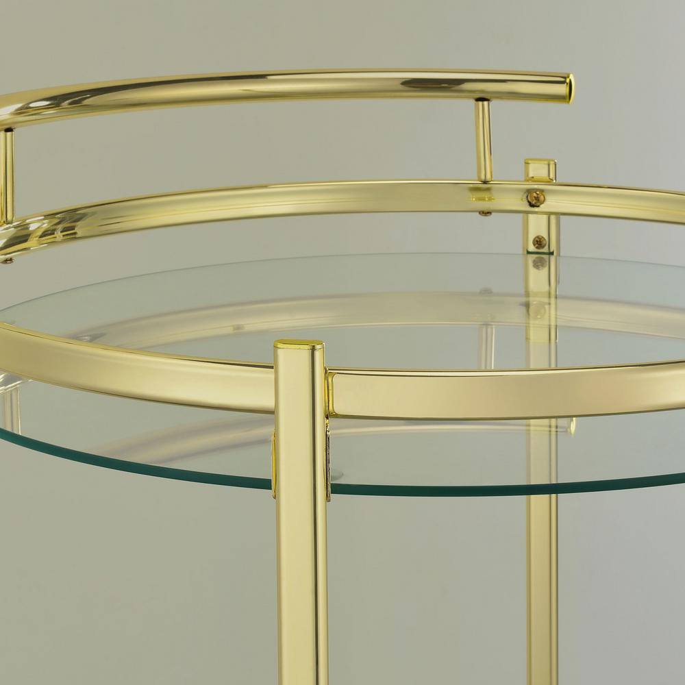 Luxe Modern 31" Gold Metal and Glass Round Bar Cart with Lockable Casters