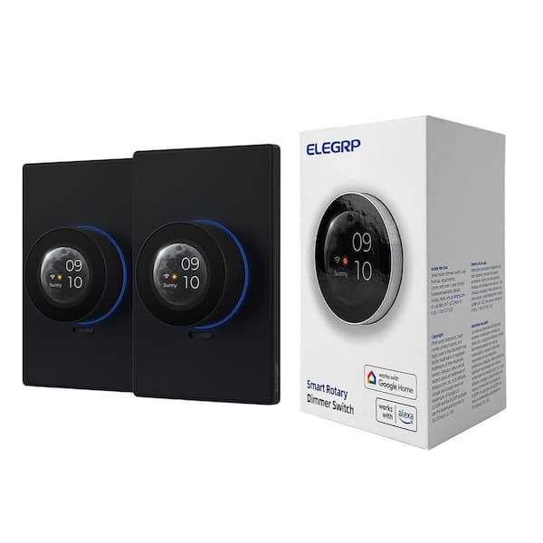 WiFi Smart Black Rotary Traic Dimmer with 1.8 in.TFT Display Screen, 3 Way, 2 Pack