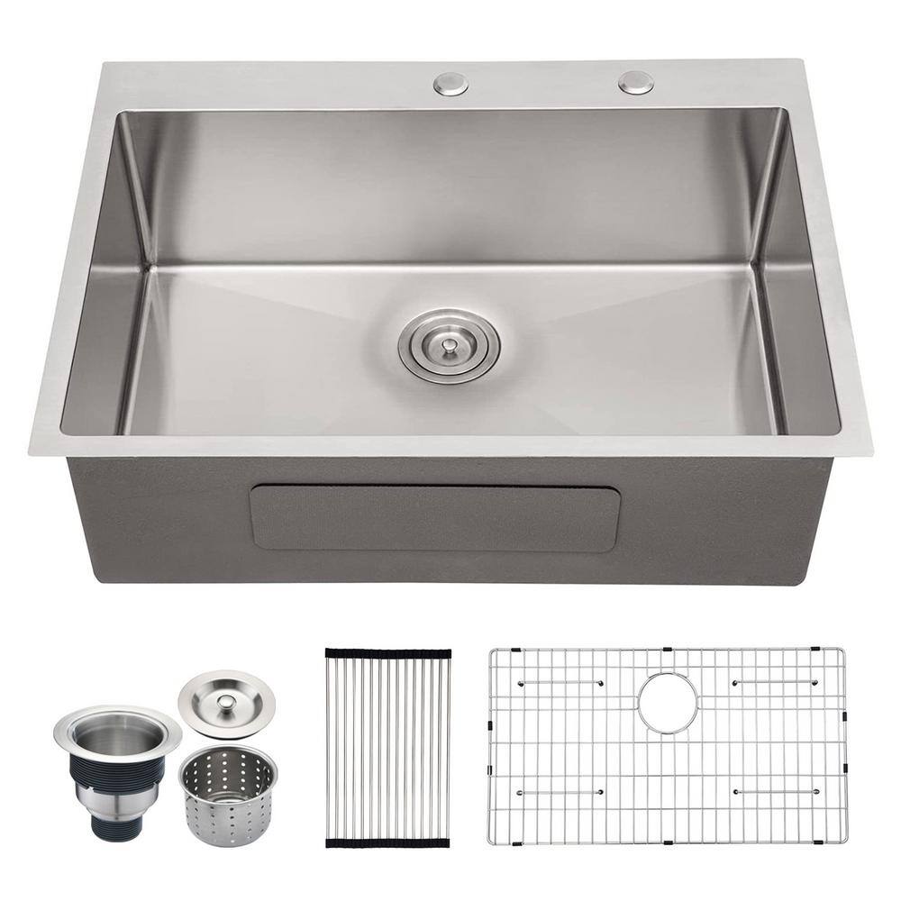 Brushed Nickel Stainless Steel Sink 30 in. x 22 in. Single Bowl 2-Hole Drop-In Undermount Kitchen Sink with Bottom Grid