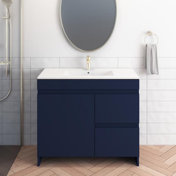 VOLPA USA AMERICAN CRAFTED VANITIES Mace 40 in. W x 18 in. D x 34 in. H Bath Vanity in Navy with White Ceramic Top and Right-Side Drawers