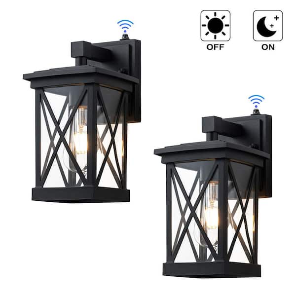 10.75 in. Black Dusk to Dawn Outdoor Hardwired Wall Lantern Sconce with No Bulbs Included (2-Pack)