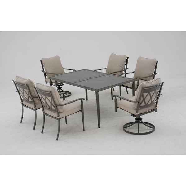 Preston Pointe Dark Cement Gray 7-Piece Metal Outdoor Dining Set with Cushion Guard Putty Cushions