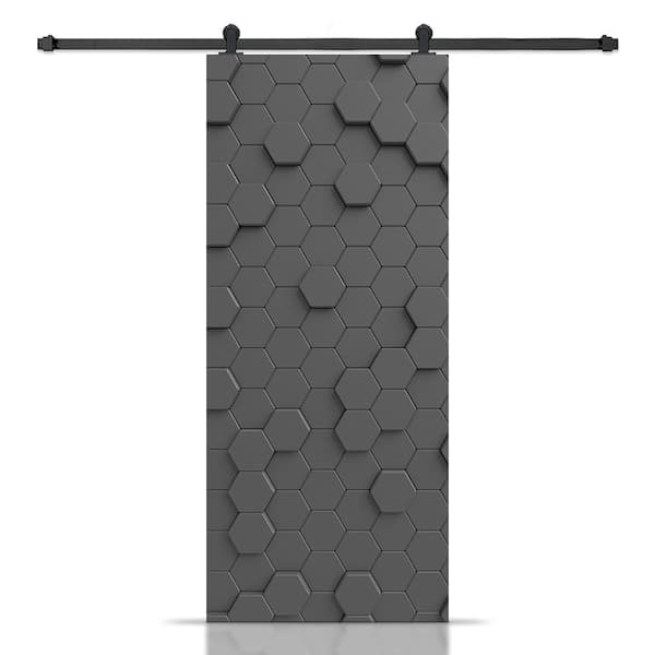 CALHOME 18 in. x 80 in. Artisan Print Series Gray Hexagons MDF Modern Interior Sliding Barn Door with Hardware Kit