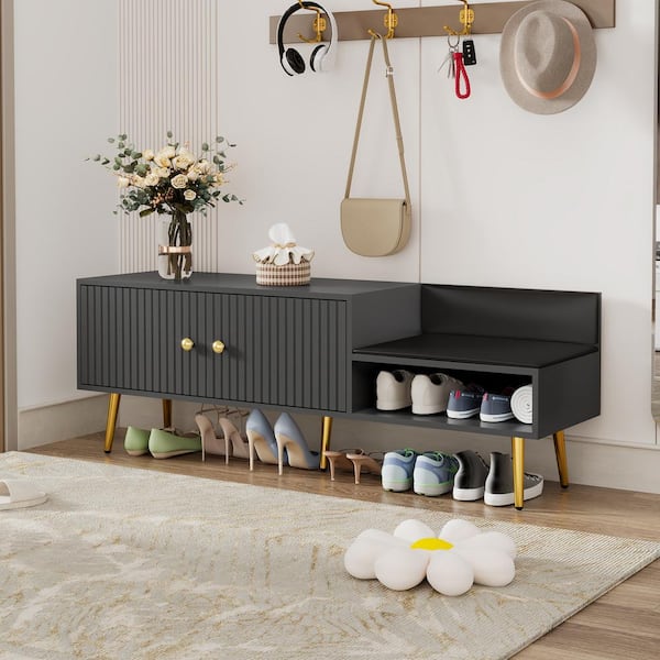 Qualler Gray Dining Bench with Back with Hidden Storage 54.5 in .