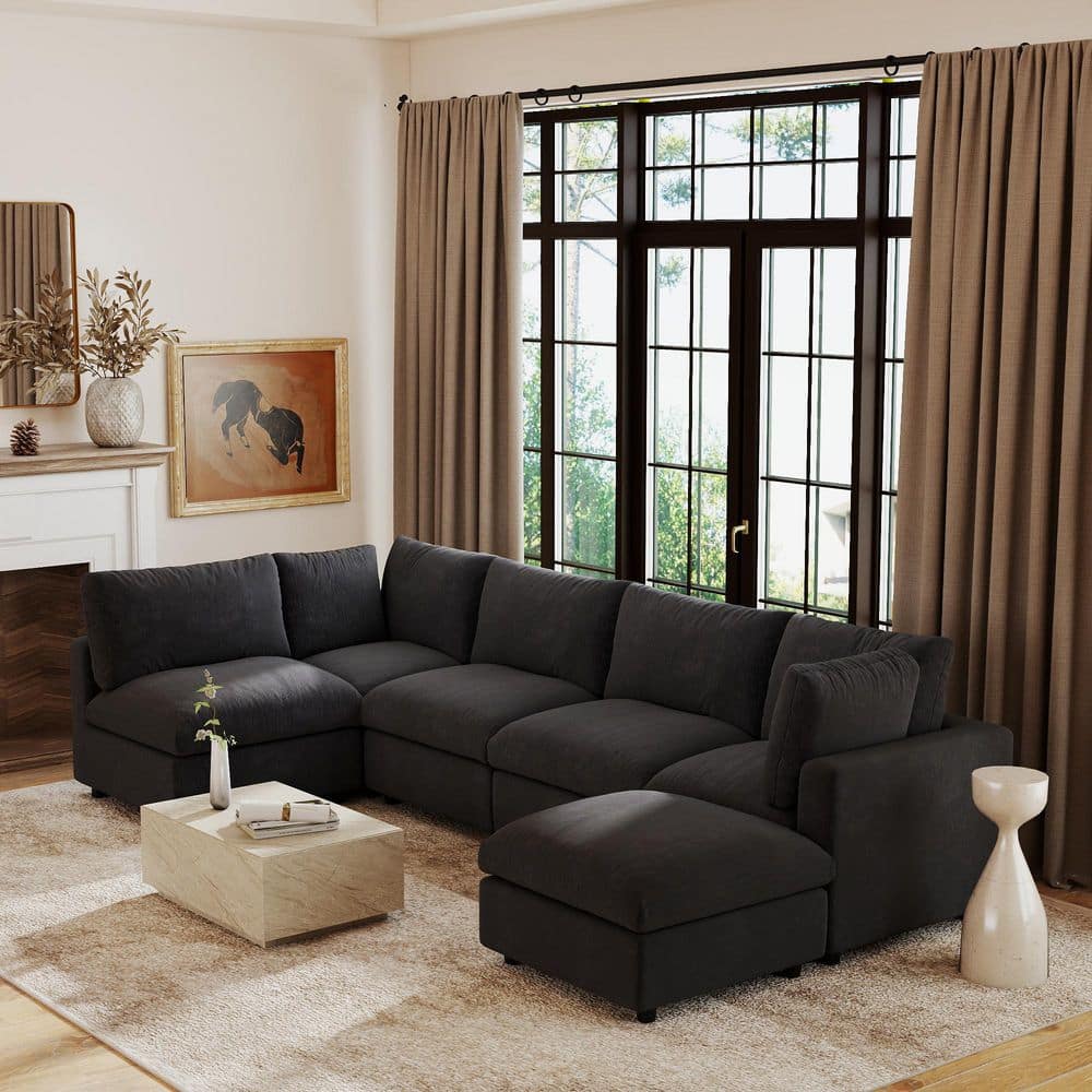 134 in. Square Arm Chenille 6-Piece Modular Free Combination Convertible Sectional Sofa with Movable Covers in Black