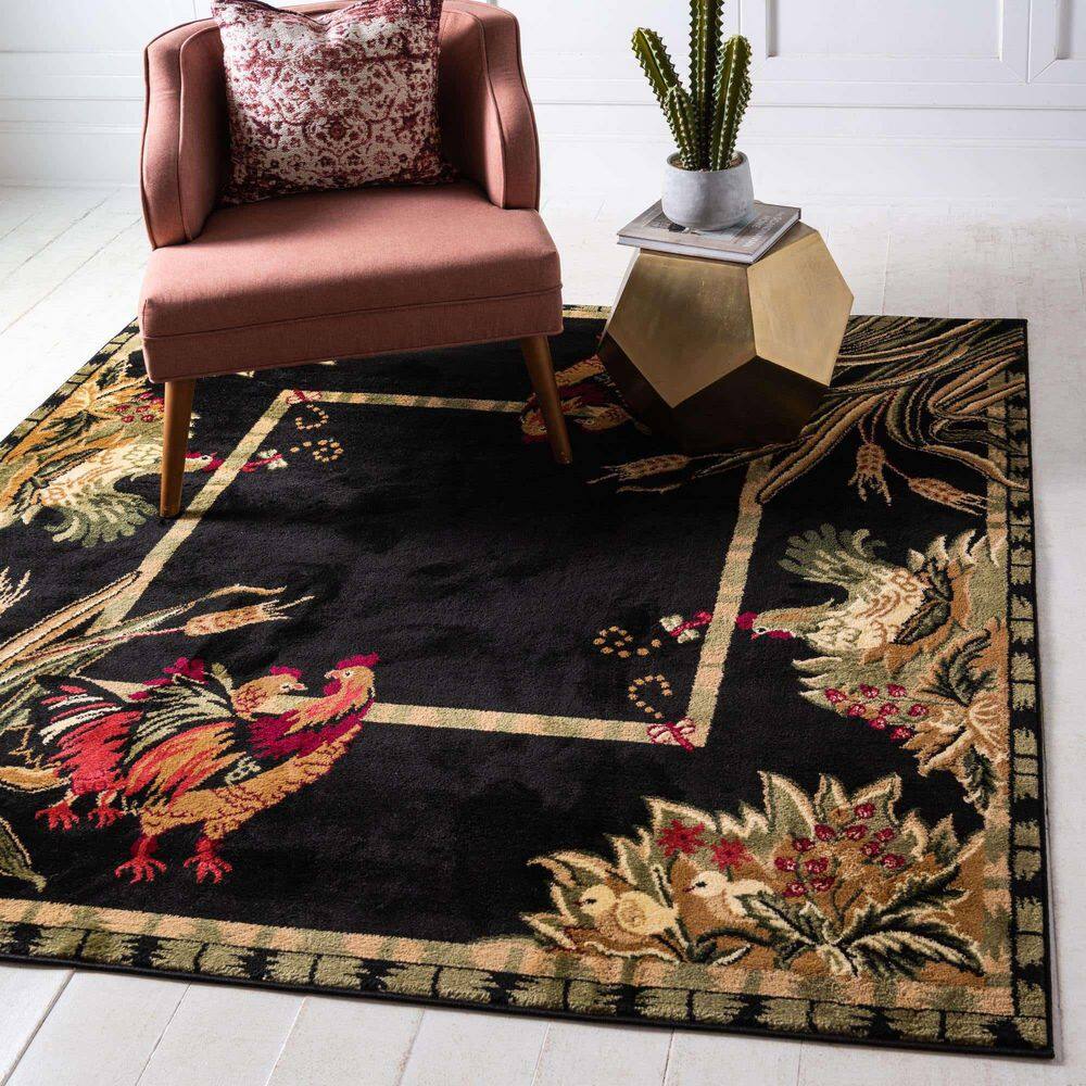 Black Floral Synthetic Square Indoor Rug, 6' x 6'