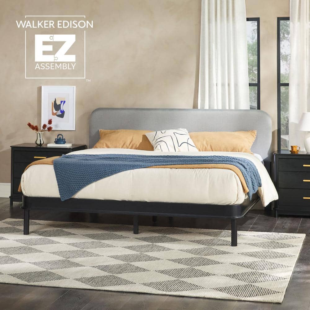 Contemporary Black Pine Wood King Bed with Gray Upholstered Headboard