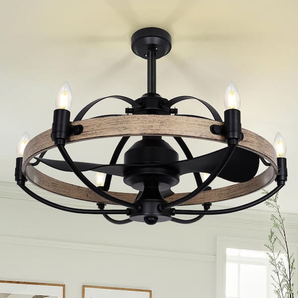 Ltemziiy 27 in. Indoor Black Farmhouse Style Chandelier Ceiling Fan with Light and Remote Control, Bladeless Motor for Bedroom