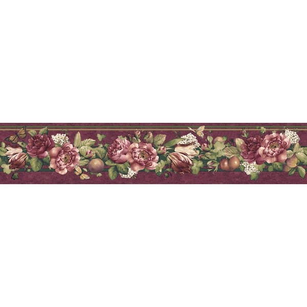 The Wallpaper Company 4.1 in. x 15 ft. Purple Jewel Tone Floral and Fruit Trail Border-DISCONTINUED