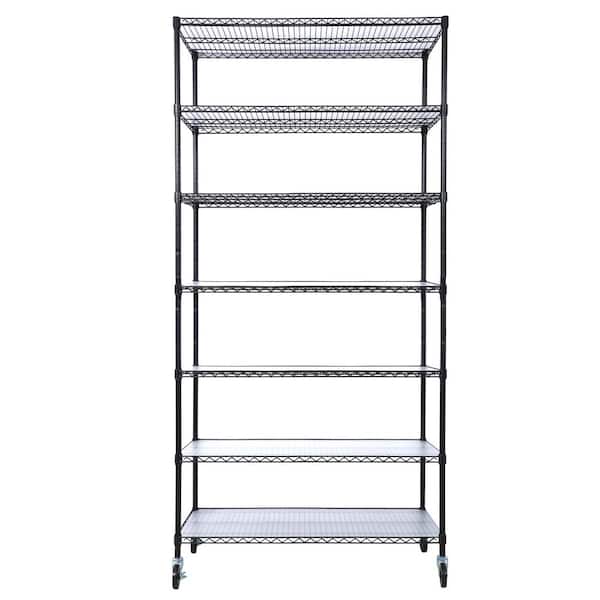 Tileon 7-Tier Metal Shelf, 2450 lbs. Heavy Duty Adjustable Storage Rack with Wheels and Shelf Liners for Kitchen, Garage-Black