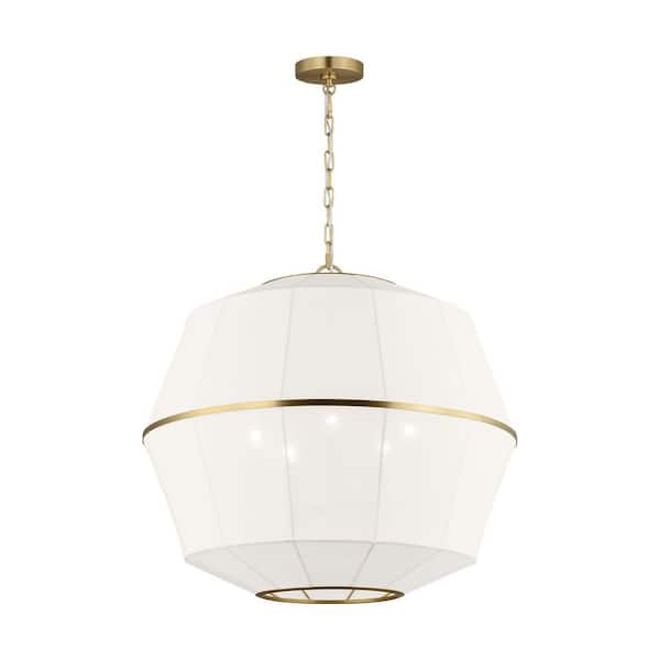 Generation Lighting - Hikari Large 5-Light Burnished Brass Dining Room Pendant Chandelier with White Linen Shade