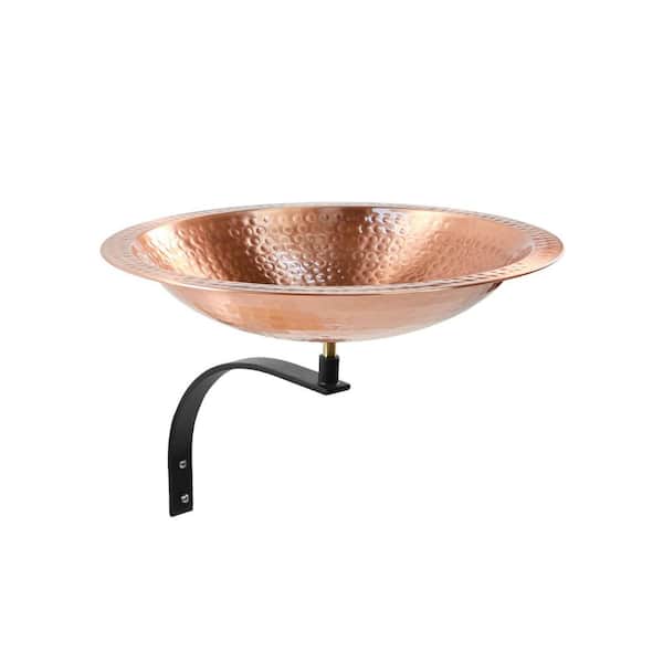16 in. W Round Satin Hammered Solid Copper Birdbath Bowl w/Black Wrought Iron Wall Mount Bracket, Outdoor Accessory