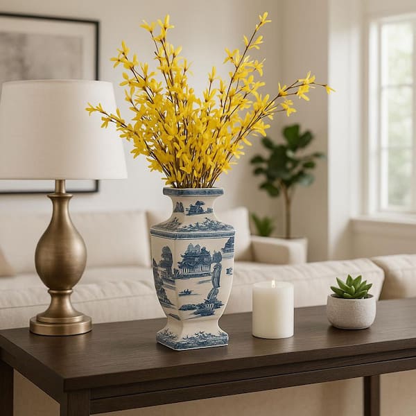 Liv & Skye 15 in. Blue and White Ceramic Chinoiserie Floral Vase