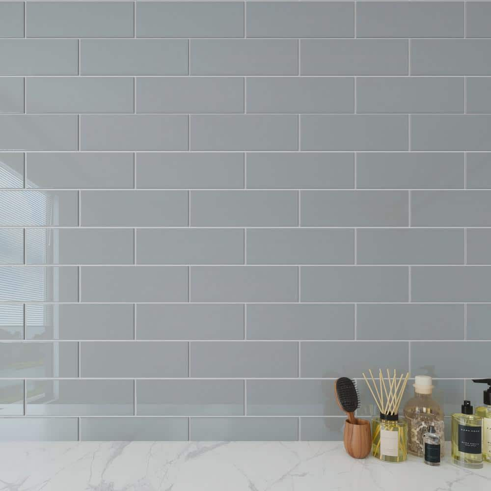 Giorbello True Gray 4 in. x 12 in. x 8mm Glass Subway Tile (5 sq. ft ...