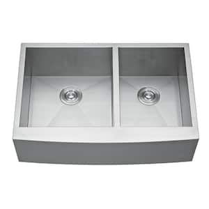 33 in. Farmhouse/Apron-Front Double Bowls 18-Gauge Brushed Nickel Stainless Steel Kitchen Sink
