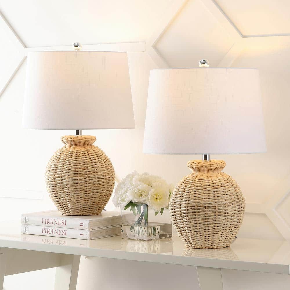 Nora 22" Woven Rattan Urn Shape Table Lamp Set with White Linen Shade