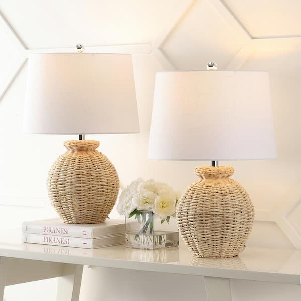 Nora 22.5 in. Rustic Coastal Rattan Globe LED Table Lamp Set with Rattan Base and Linen Shade, Brown (Set of 2)