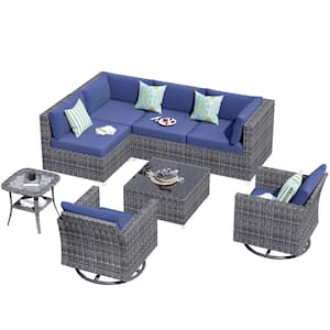 Artemis Gray 8-Piece Wicker Patio Conversation Seating Sofa Set with Denim Blue Cushions and Swivel Rocking Chairs
