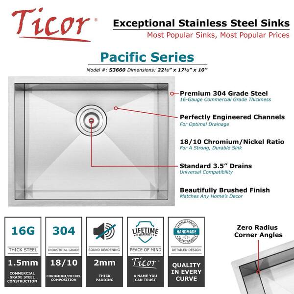 Pacific Zero Radius Undermount 16-Gauge Stainless Steel 16 in. Single Basin Kitchen and Bar Sink with Accessory Kit Pacific Zero Radius Undermount 16-Gauge Stainless Steel 16 in. Single Basin Kitchen and Bar Sink with Accessory Kit