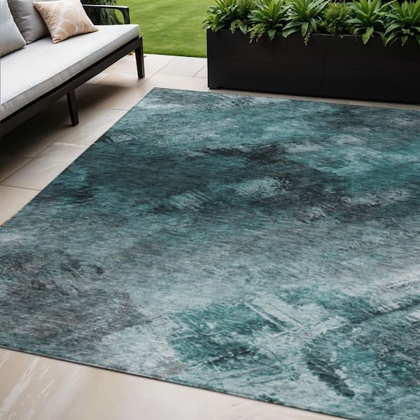 Teal Blue, Aqua, Gray 5 ft. x 8 ft.  Woven Abstract Polyester Rectangle Indoor / Outdoor Area Rug