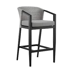 Palma Counter Height Aluminum and Wicker Outdoor Bar Stool with Gray Cushions