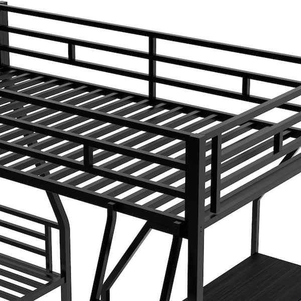 Black Metal Triple Bunk Beds With Desk, Twin Over Full Bunk Bed With Storage And Desk