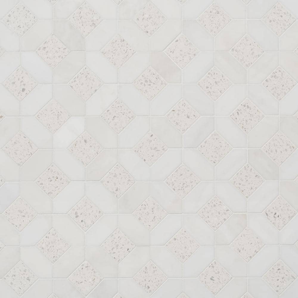Salt White Polished Marble and Terrazzo Mosaic Tile Sheet