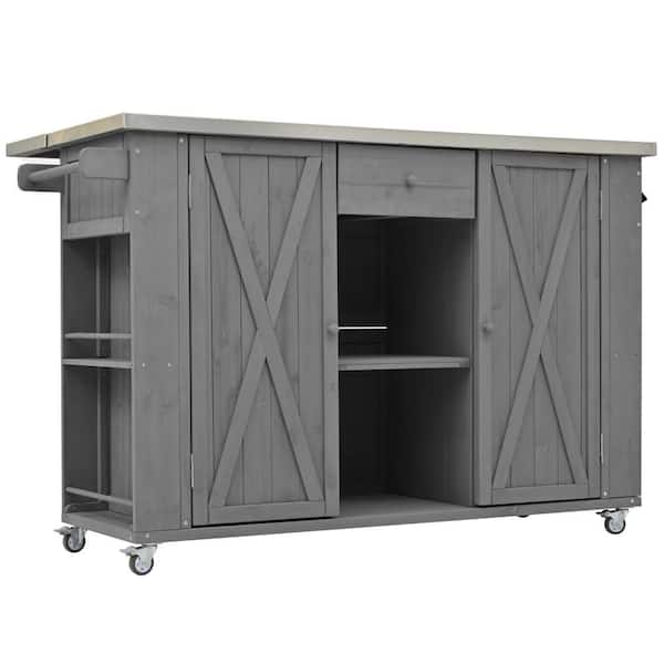 Outdoor Grey Fir Wood Serving Cart with Stainless Steel Top Storage Towel Rack Spice Rack Bottle Opener 52 in.