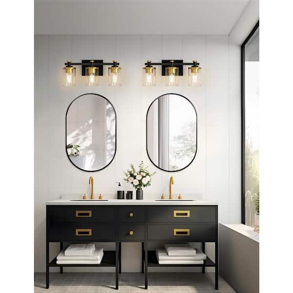 20 in. 3-Light Black and Gold Bathroom Vanity Light with Clear Glass Shades for Mirror and Vanity (Bulbs Not Included)