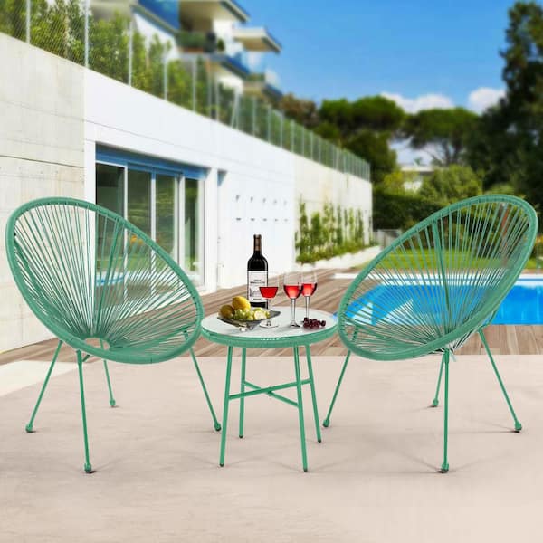 Tunearary 3-Piece Outdoor Small Living Room Patio Talking Green PE Rattan Chair Set Set with Coffee Table