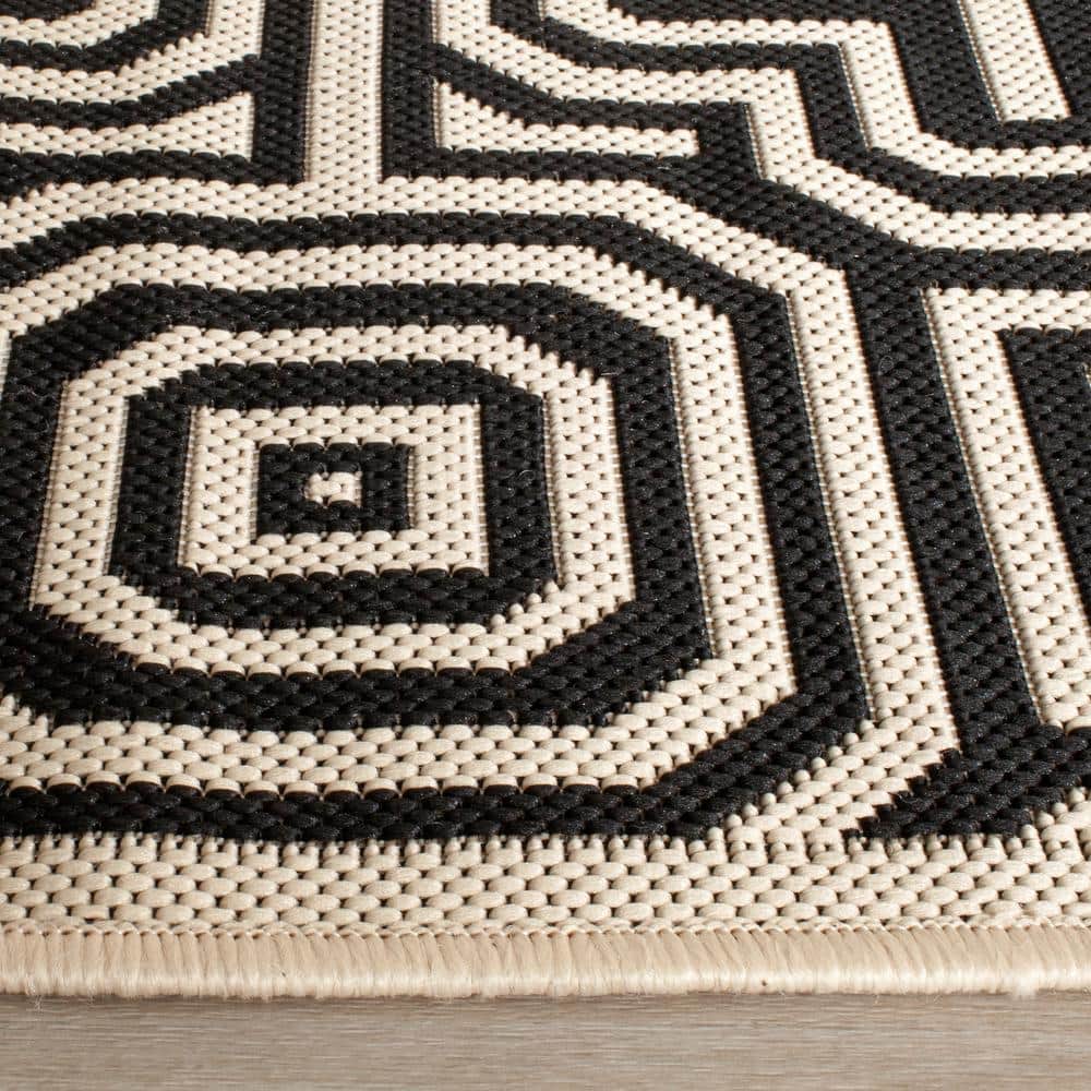 Beige and Black Geometric Flat Woven Outdoor Runner