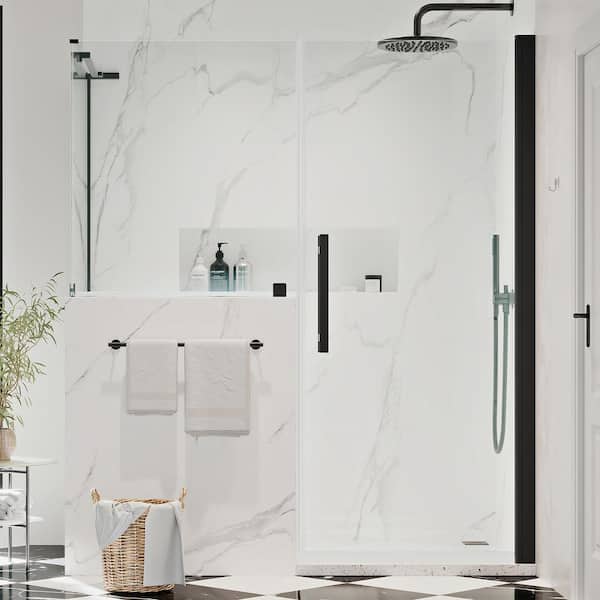 OVE Decors Pasadena 56-3/16 in. W x 72 in. H Rectangular Pivot Frameless Corner Shower Enclosure in BLK with Buttress Panels
