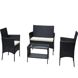 4-Pieces Outdoor Patio Conversation Set with Beige Cushions Tea Table Wicker Sofa for Porch and Garden Poolside