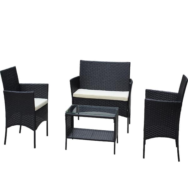 Unbranded 4-Pieces Outdoor Patio Conversation Set with Beige Cushions Tea Table Wicker Sofa for Porch and Garden Poolside