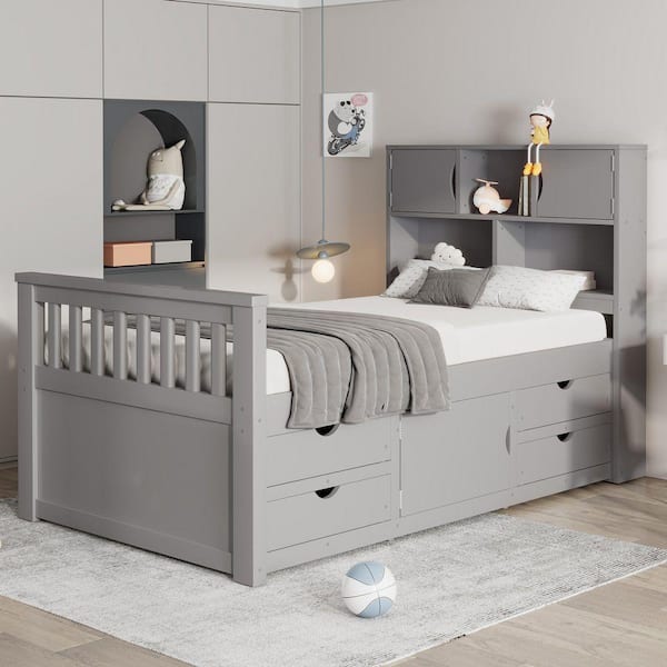 Qualler Gray Wood Frame Twin Full Platform Bed with Storage 