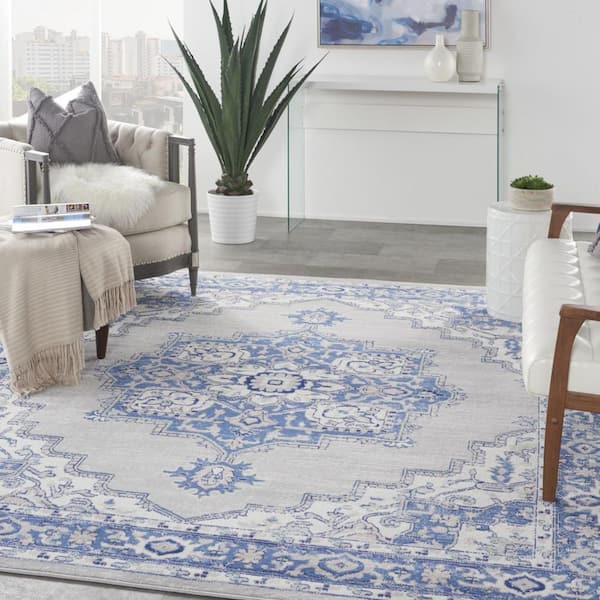 7' X 10' Ivory Blue and Gray Floral Medallion Distressed Non Skid Area Rug