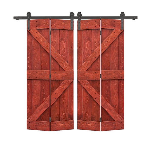 CALHOME 44 in. x 84 in. K Series Solid Core Cherry Red Stained DIY Wood Double Bi-Fold Barn Doors with Sliding Hardware Kit