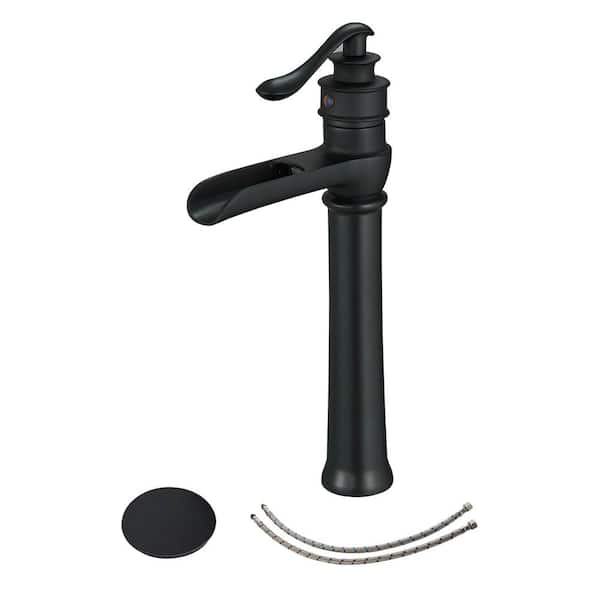 FORCLOVER Single Hole Single Handle Waterfall Bathroom Vessel Sink Faucet with Pop-up Drain Assembly in Matte Black