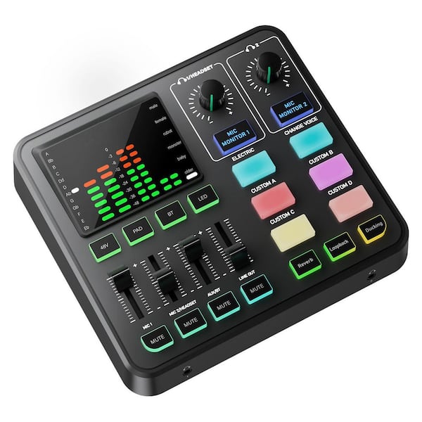 Gaming Audio Mixer Audio Interface in Black 1-Pack with 3. 5mm/XLR Mic Input, 48V Phantom Power, Voice Changer