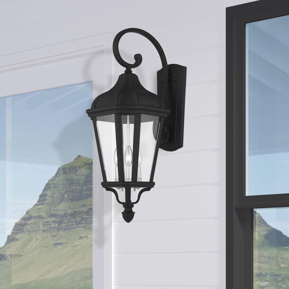 Morgan Textured Black 3-Light Outdoor Wall Lantern with Clear Glass