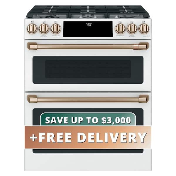 30 in. 6.7 cu. ft. Smart Slide-In Double Oven Gas Range in Matte White with True Convection, Air Fry