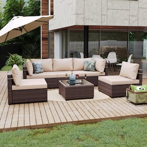 6-Piece Outdoor Wicker Patio Conversation Sofa Set with Cushions in Beige