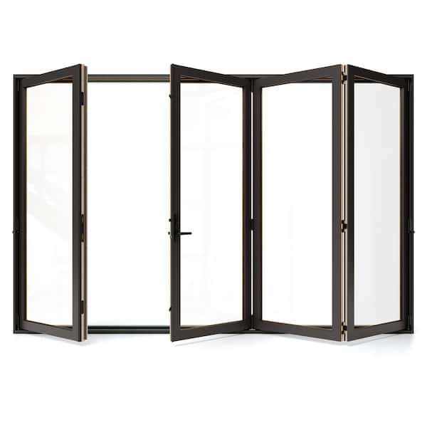 JELD-WEN W5500 124 in. x 96 in. Bronze Left Hand/Outswing Aluminum Clad Wood 4-Panel Prehung Folding Patio Door