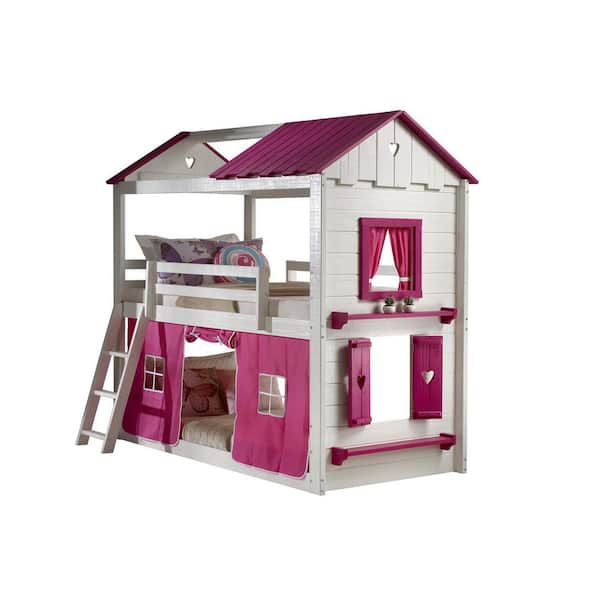 Donco Kids White and Pink Sweet Heart Bunk Bed with Pink Tent Kit