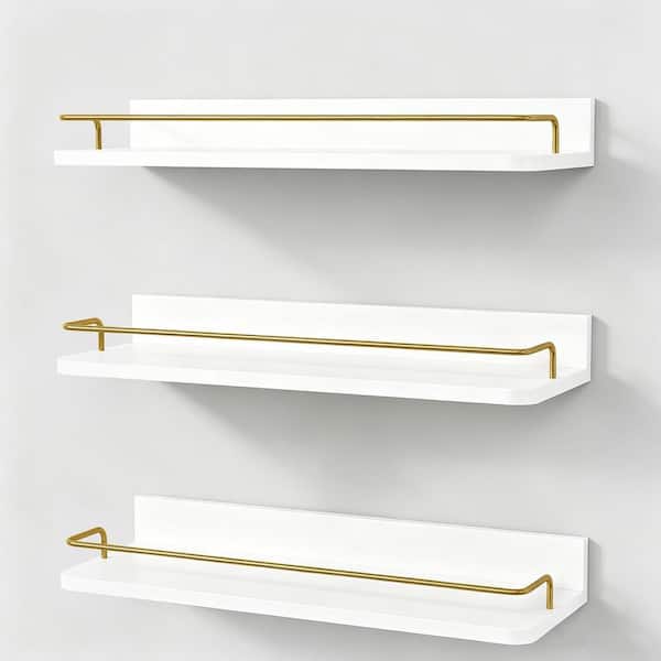 17 in. White and Gold Floating Wall Shelves 3-Pack with Lip Rail for Bathroom Over Toilet