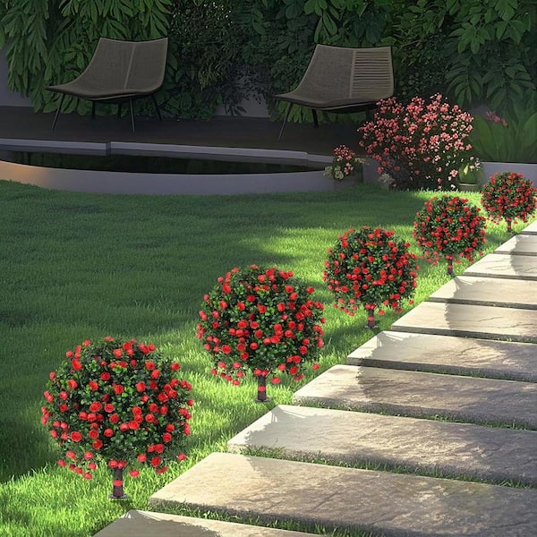 16 in. Red Boxwood Topiary Ball Tree with Rose Outdoor Artifical Shrub 2-Pack