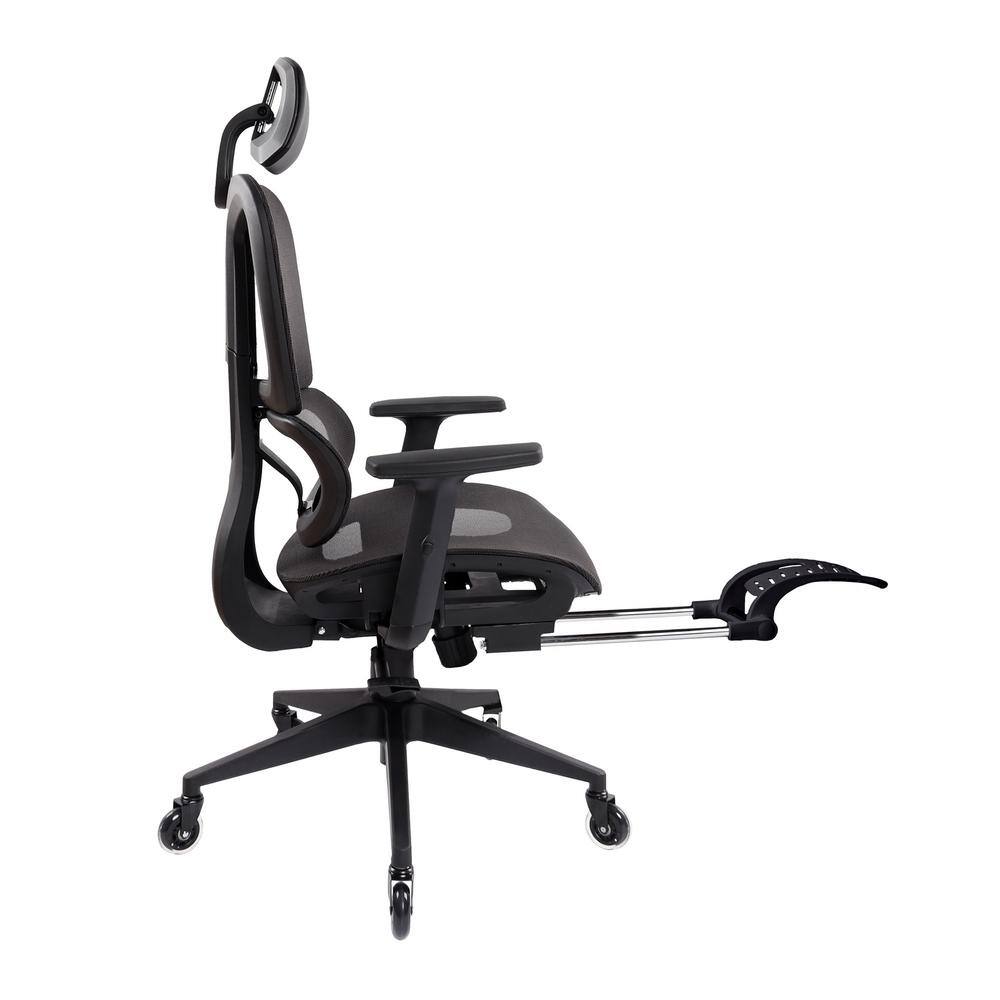 Side view of a black mesh ergonomic office chair with footrest extended.