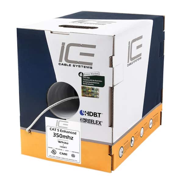ICE Cat5e 350MHz 24 AWG Solid Riser HDBaseT Certified 1000 ft. Box, White (4-Box)