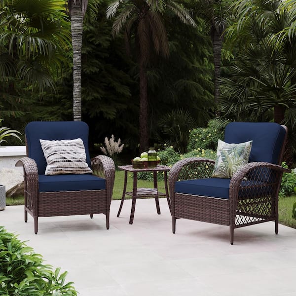 UPHA 2 Pieces Outdoor Brown Wicker Patio Conversation Sofa Seating Set with Coffee Table in Navy Blue