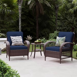 2 Pieces Outdoor Brown Wicker Patio Conversation Sofa Seating Set with Coffee Table in Navy Blue